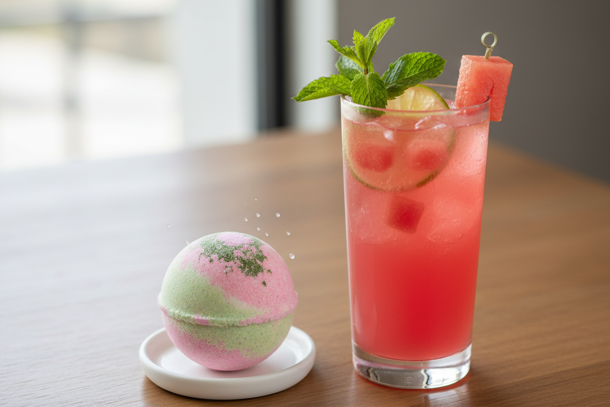 watermelon mint cocktail add a small bath bomb next to the glass